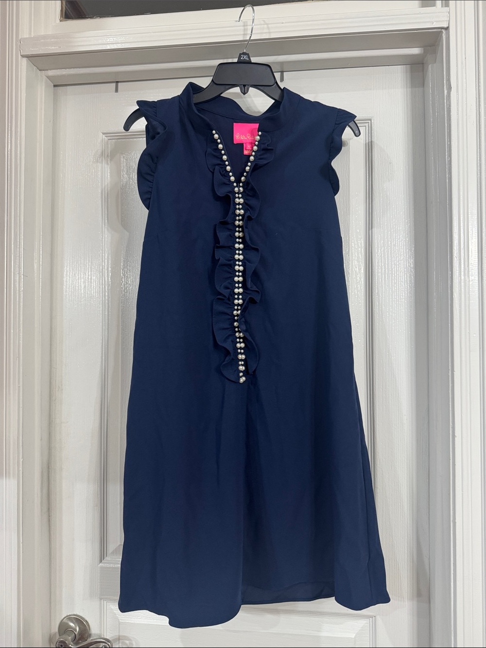 Lilly Pulitzer Navy Ruffle Front Pearl-Trim Dress